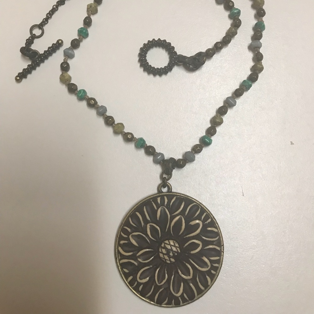Antique brass lotus flower necklace turquoise
